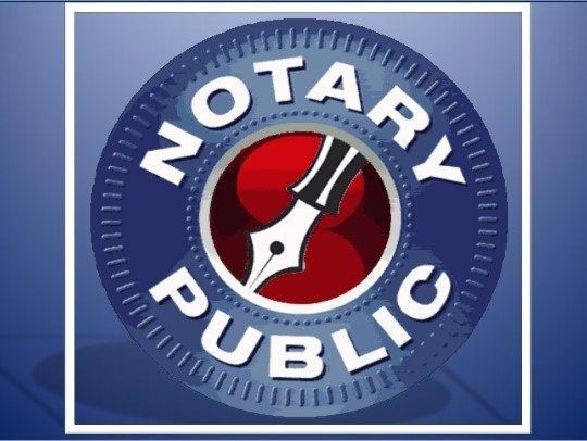 Blue Notary Public seal with a red fountain pen nib in the center