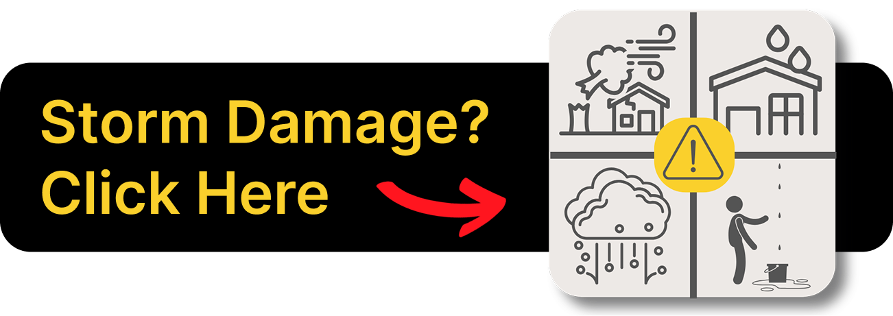 Black and white storm damage report graphic with yellow “Storm Damage? Click Here” text and red arrow to icons.