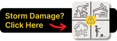 Black and white storm damage report graphic with yellow “Storm Damage? Click Here” text and red arrow to icons.