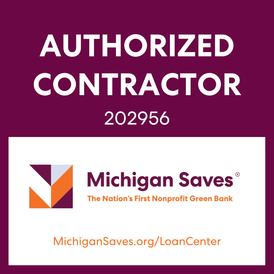 Authorized contractor sign for Michigan Saves, purple and white with website MichiganSaves.org/LoanCenter