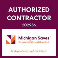 Authorized contractor sign for Michigan Saves, purple and white with website MichiganSaves.org/LoanCenter