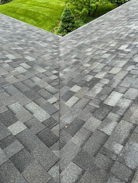 Gray shingled roof valleys meeting beneath a green lawn and trees above