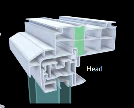 Cross-section of a white window frame profile with a green insert, labeled “Head” on black background