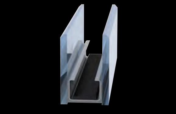 Cross-section of a metal channel bracket with gray side rails and a black central insert