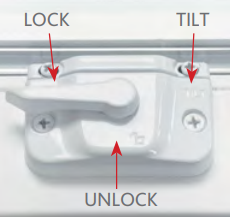Close-up of a white lock and tilt mechanism labeled LOCK, TILT, and UNLOCK with red arrows.