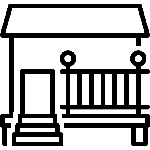 Black line icon of a house with a porch, steps, and a roof