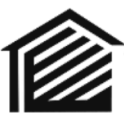 Black house-shaped logo with diagonal stripes inside and a thick outline