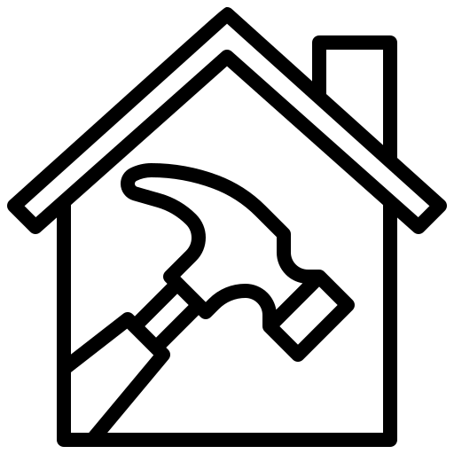 Black line icon of a house with a hammer inside, suggesting home repair or renovation