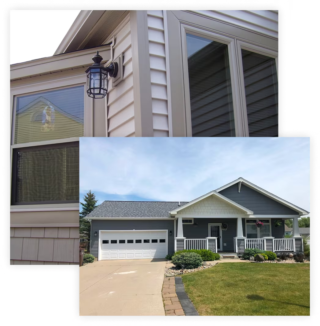 Exterior of a gray suburban house with white trim, front porch, garage, and stone driveway under a blue sky