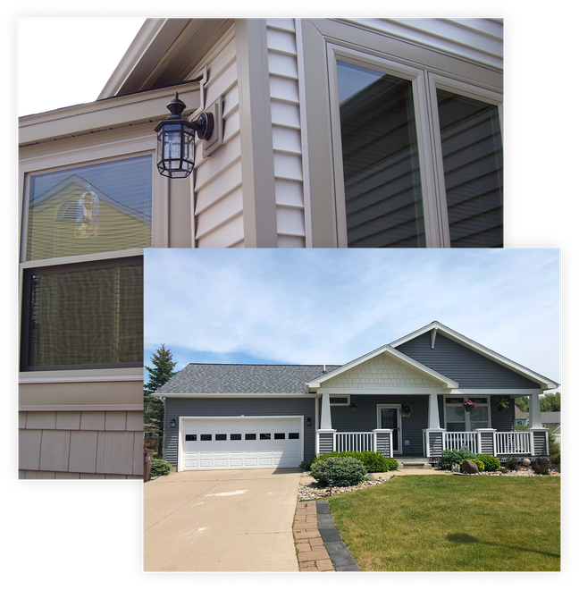 Collage of a beige suburban house exterior and front view with garage, porch, and lawn