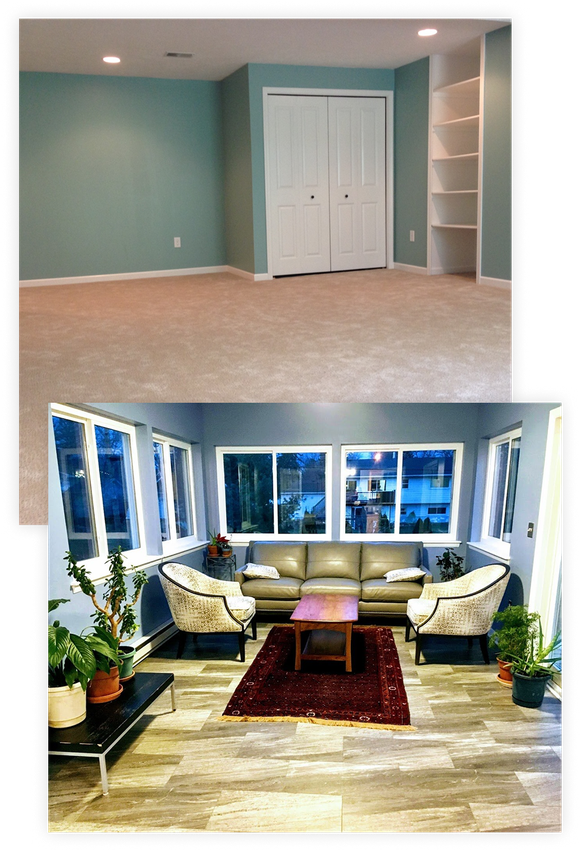 Basement living room with teal walls, beige carpet, white closet doors, and a bright sunroom sitting area