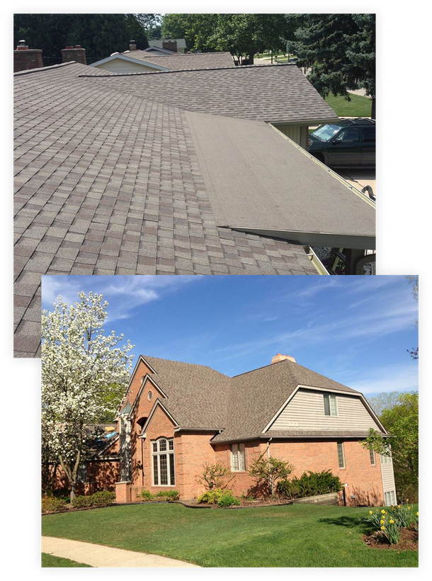 House roof with damaged shingles, shown in a before-and-after view of roof repair.