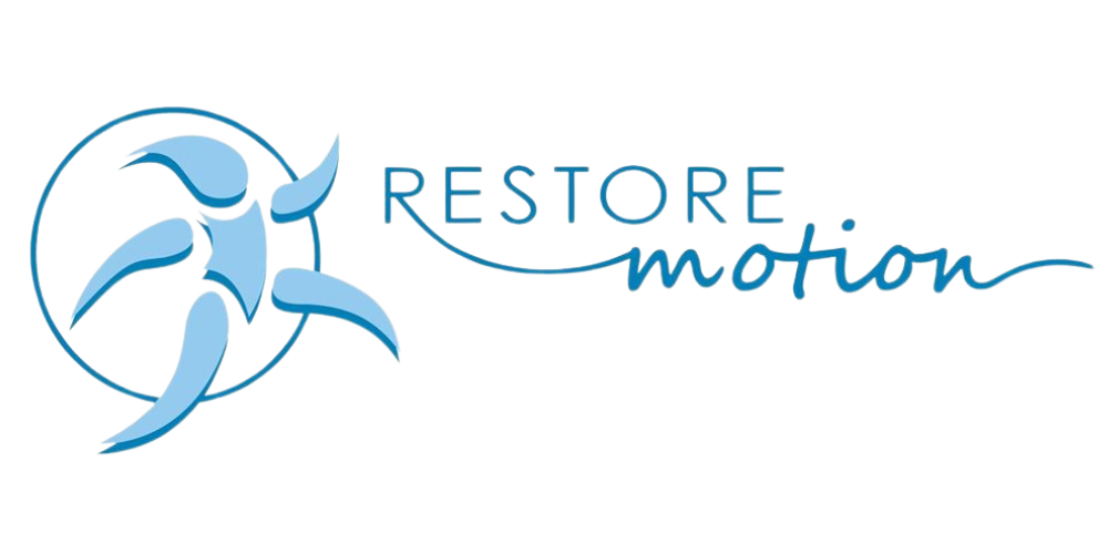 The logo for restore motion physical therapy with a person in a circle