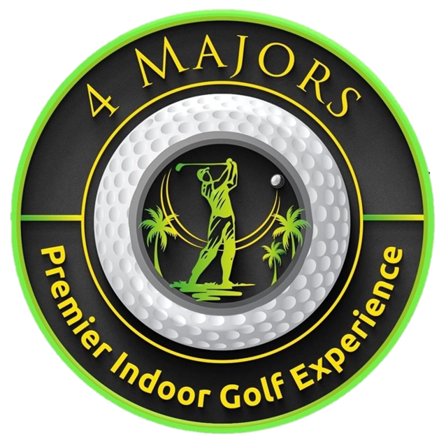4 Majors Premier Indoor Golf Experience logo with black, gray, neon green, and gold golf emblem
