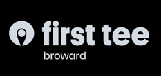 The logo for first tee broward is white on a black background.