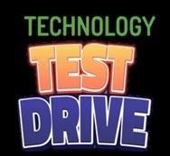 A sign that says `` technology test drive '' on a black background.