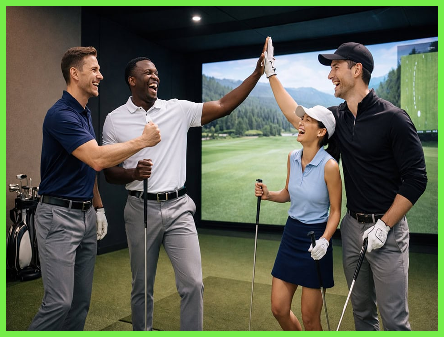 Four golfers high-five in an indoor golf simulator, smiling with clubs and a scenic screen behind them