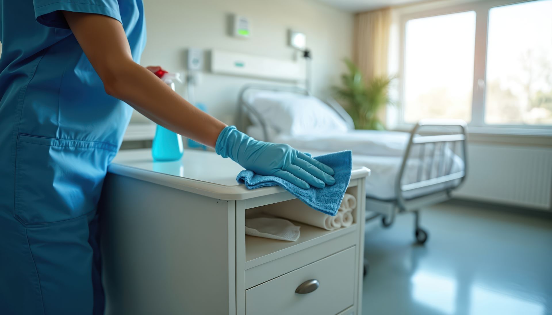 Healthcare worker in blue gloves wipes a hospital bedside cabinet in a bright patient room.