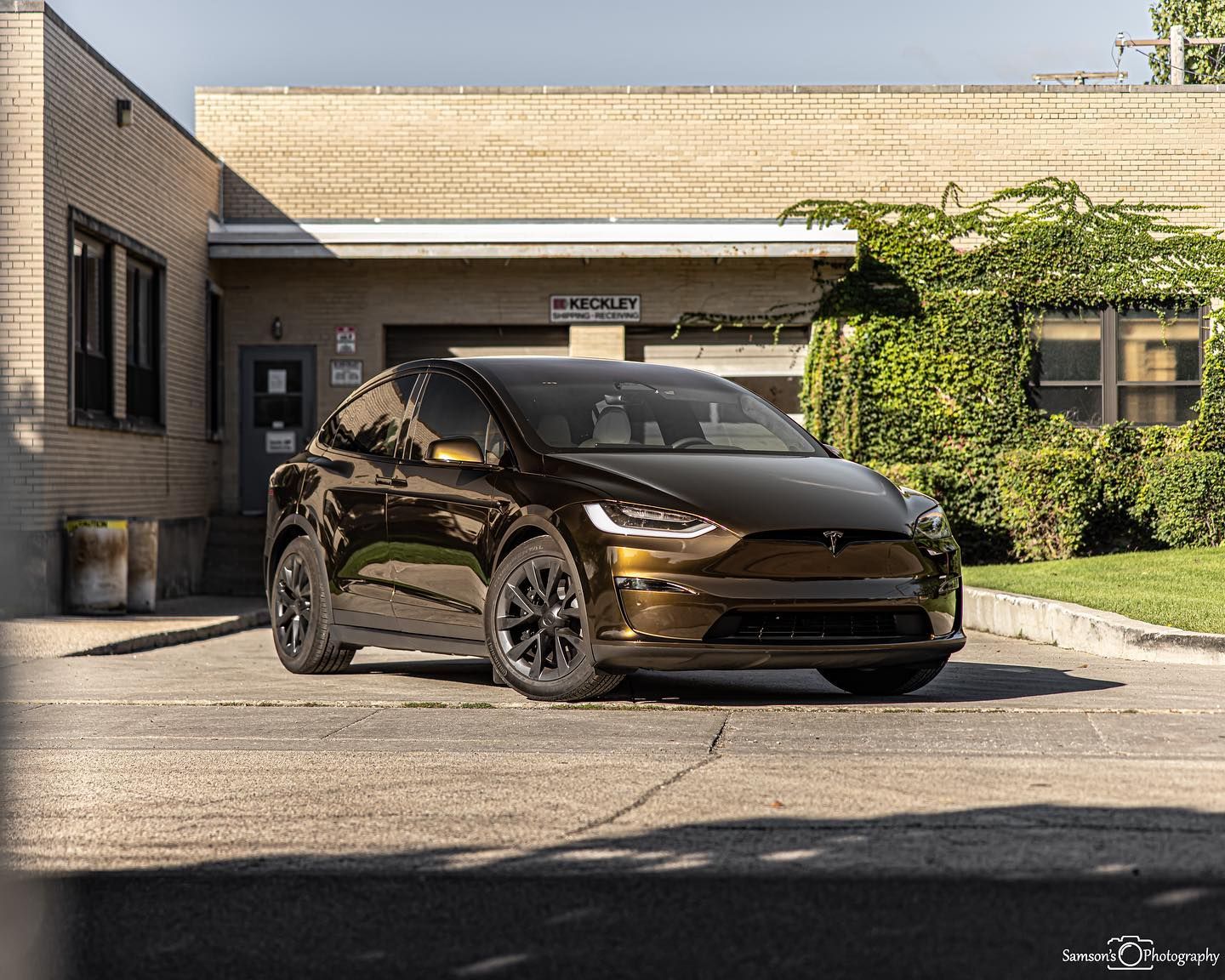 Black Tesla parked in a driveway in front of a garage, with a brick building and greenery nearby