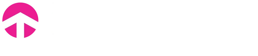 Pink logo: arrow inside a circle.