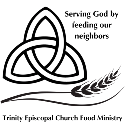 The trinity episcopal church food ministry logo is black and white and says `` serving god by feeding our neighbors ''.