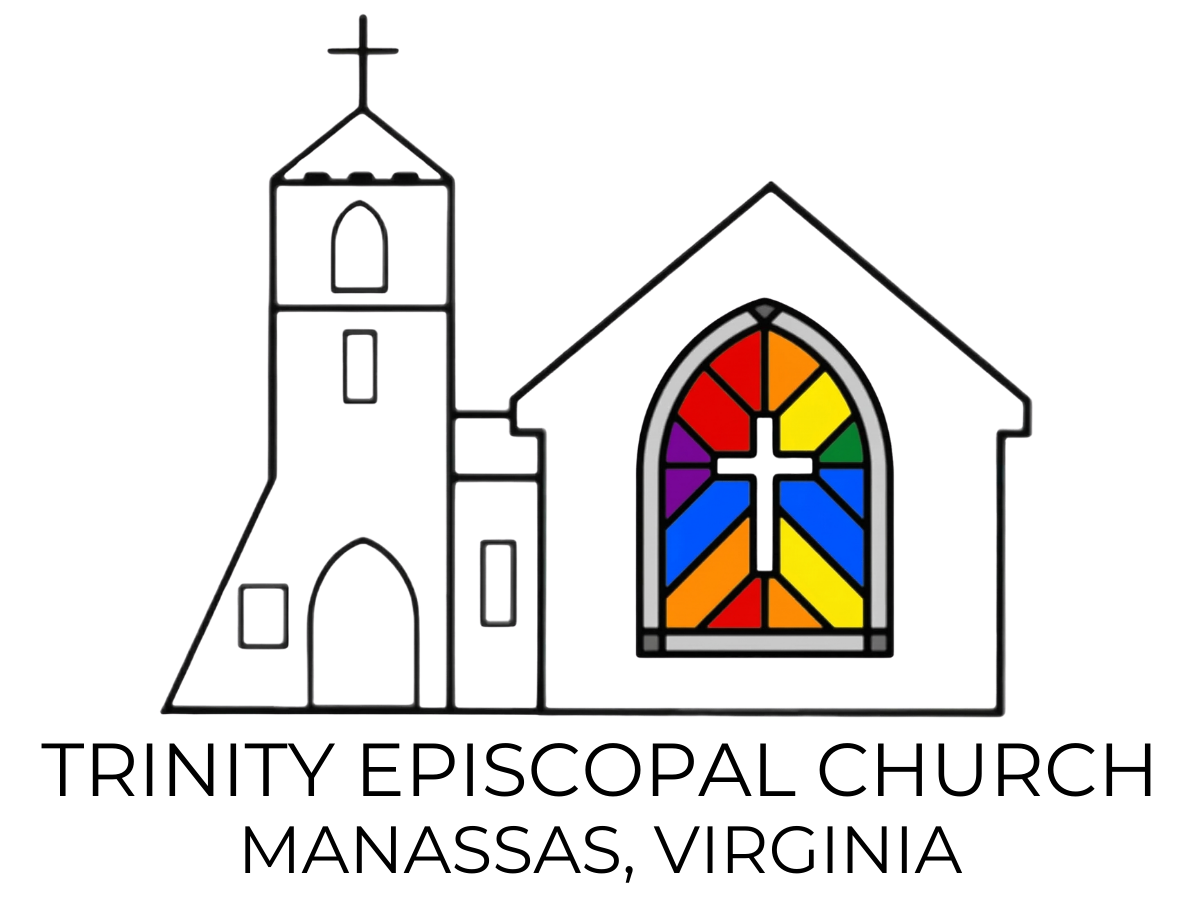 Trinity Episcopal Church logo, white church building with steeple and colorful stained glass window.