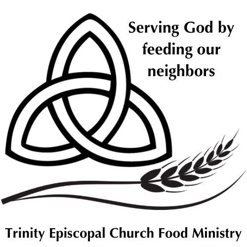 Logo for Trinity Episcopal Church Food Ministry: a trinity knot, wheat, and text "Serving God by feeding our neighbors."