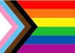 A close up of a rainbow flag with an arrow pointing to the right.