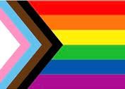 A close up of a rainbow flag with an arrow pointing to the right.