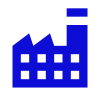Icône d'usine bleue avec une cheminée et plusieurs fenêtres.