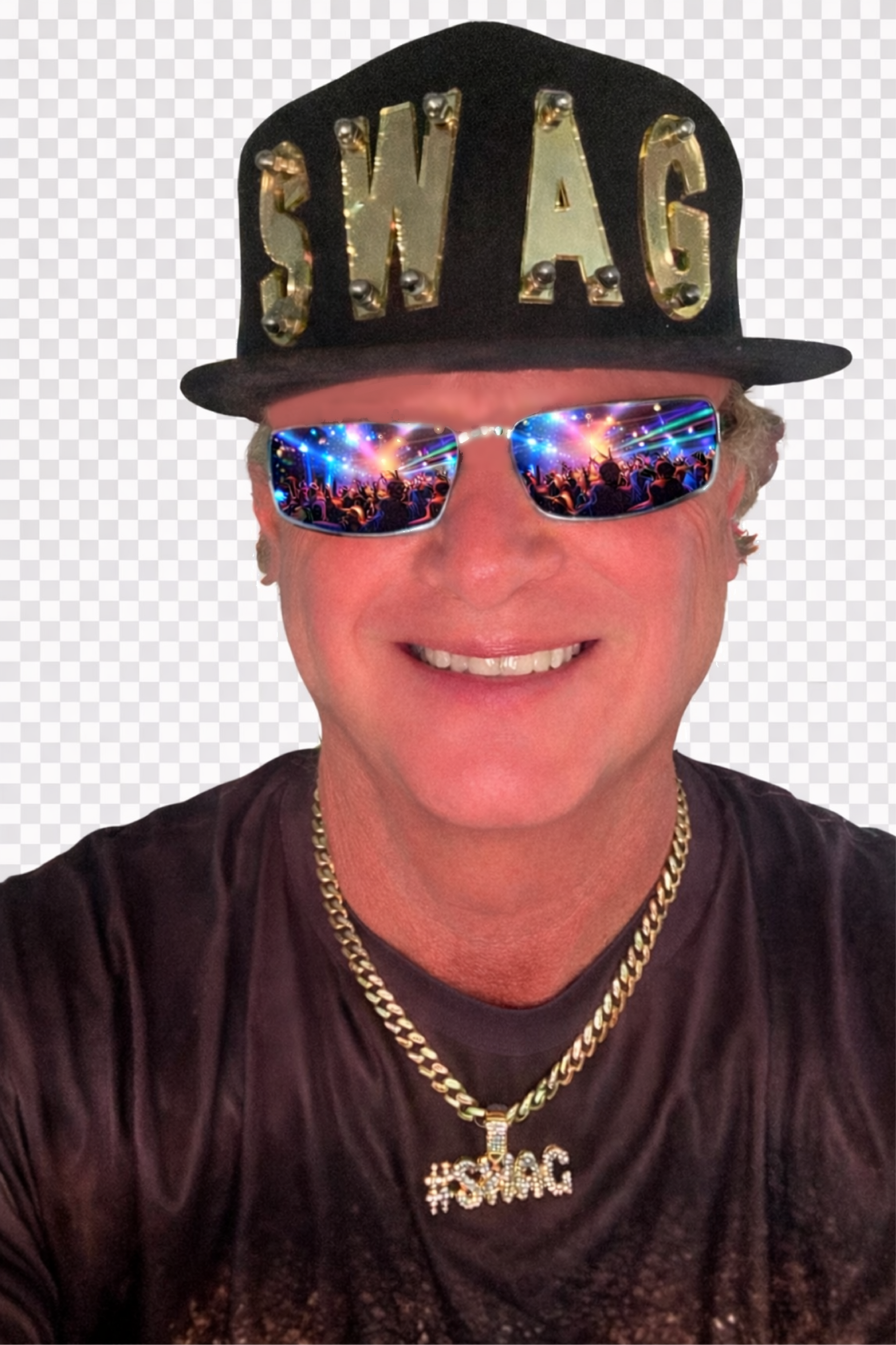 Smiling man wearing a gold “SWAG” cap, reflective sunglasses, and gold chain necklace.