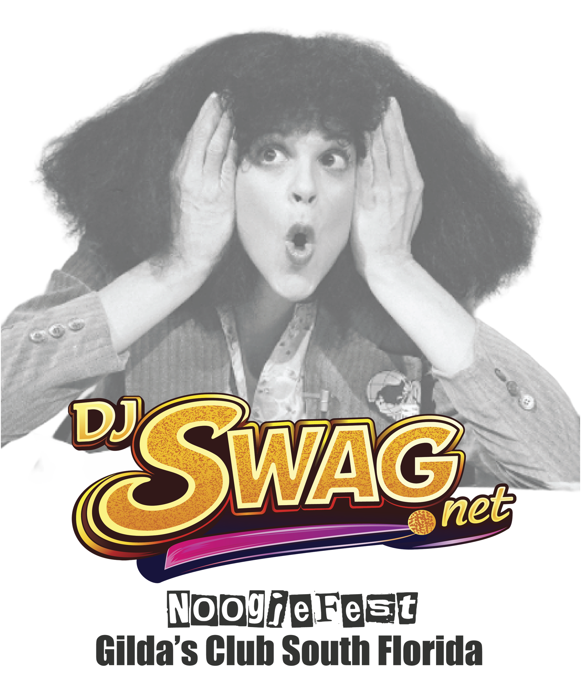 Black-and-white DJ Swag Net Noo?eFest promo with a surprised person holding their face and event text