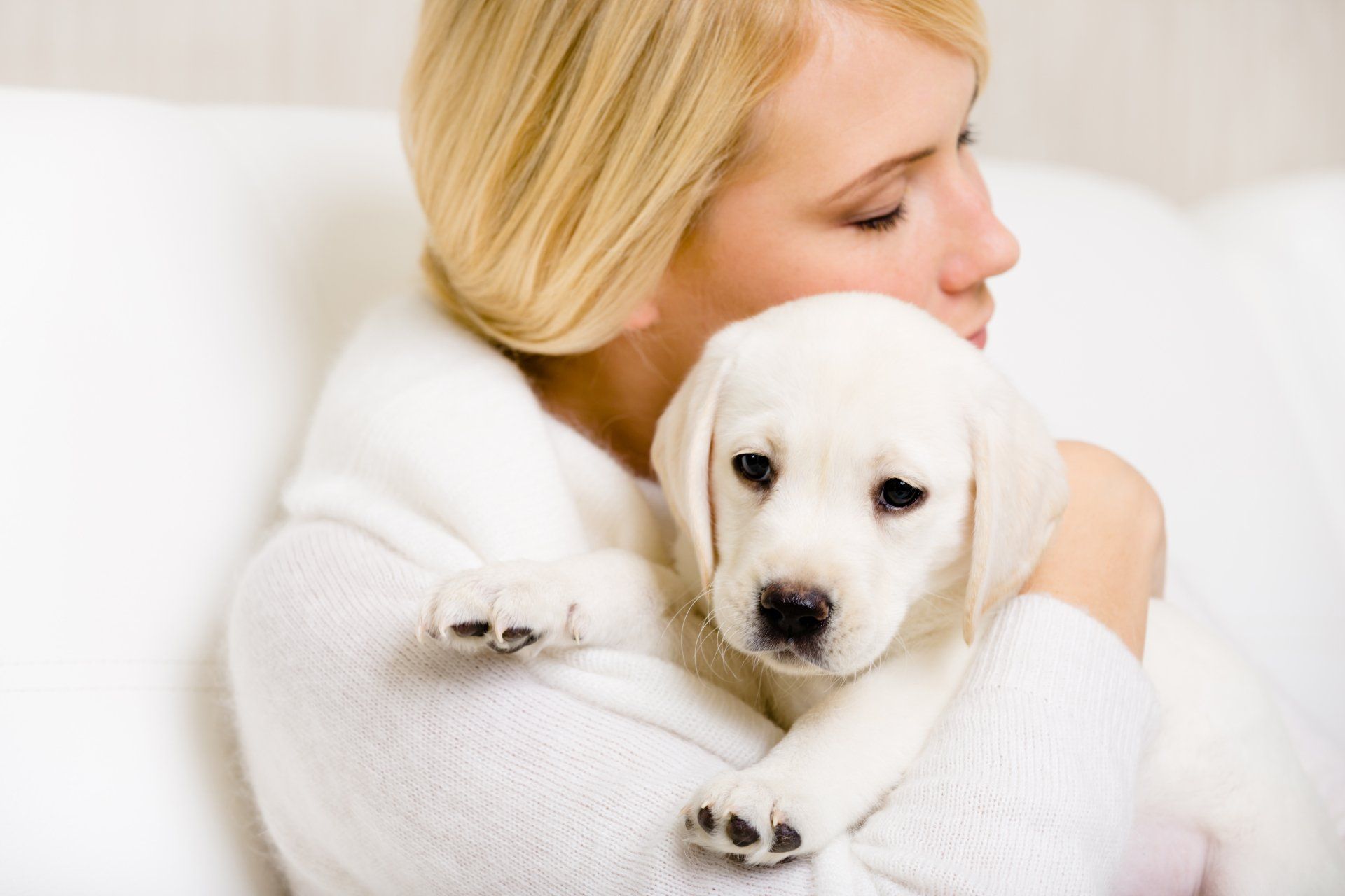 Blonde Woman hugging White Golden Retriever Puppy