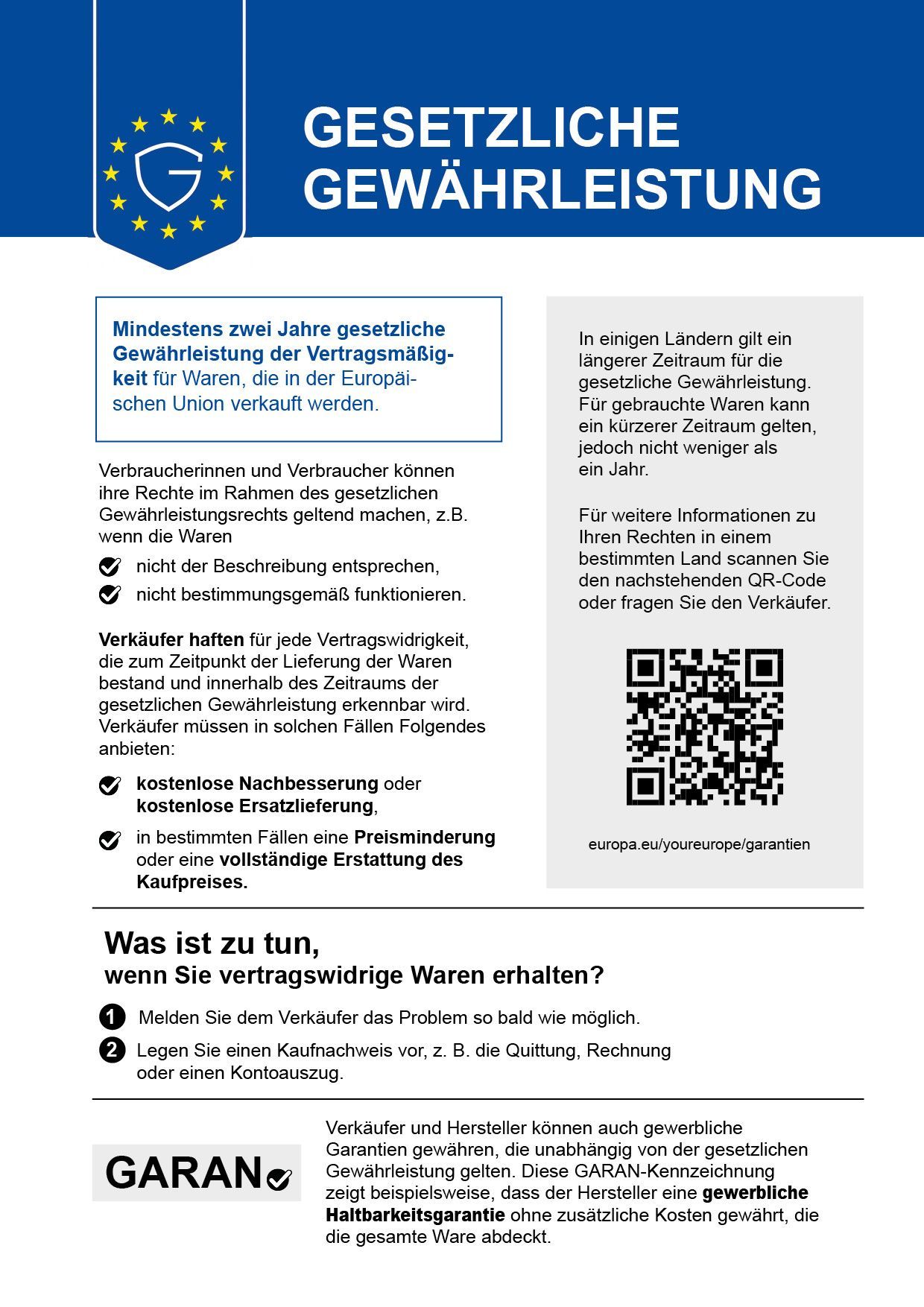Poster mit Hinweis auf die gesetzliche Gewährleistung, blauem Kopfbereich, QR-Code und Gewährleistungsinformationen