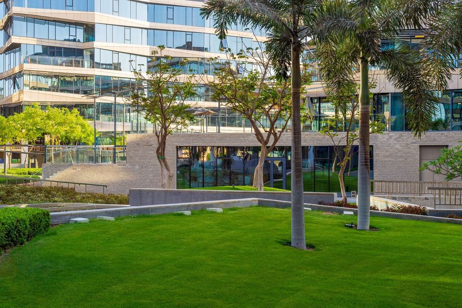 A park with trees and grass in front of a building.