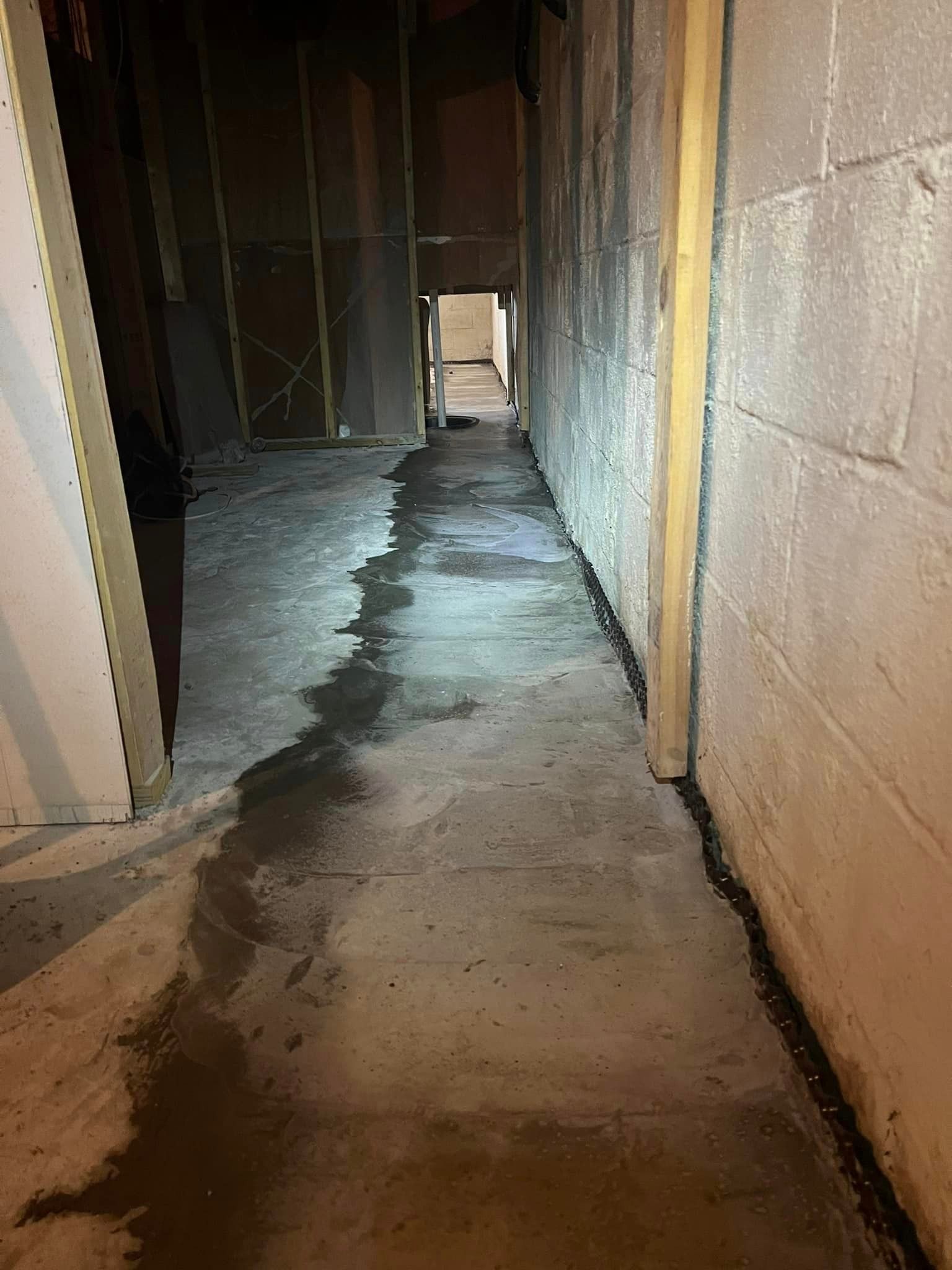 A dark hallway with a brick wall and a concrete floor.