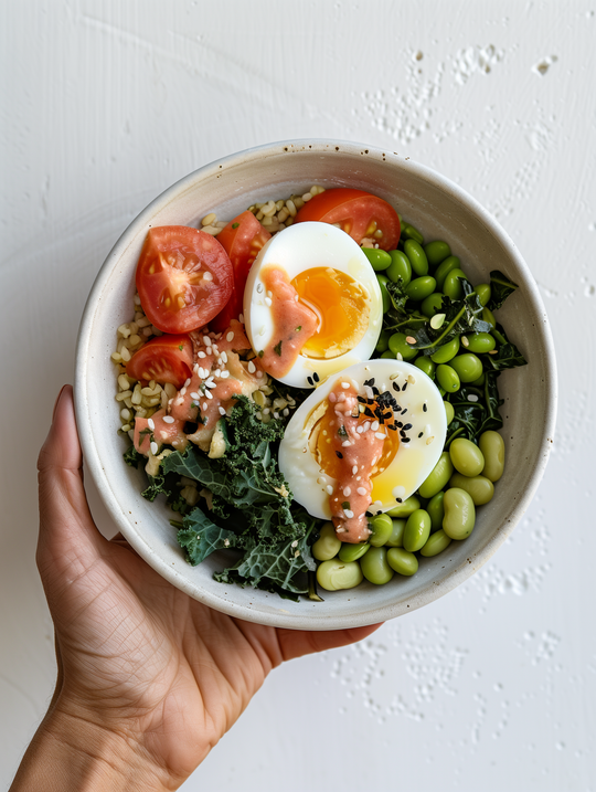 Bowl of eggs and mixed colorful veggies representing health and nutrition.