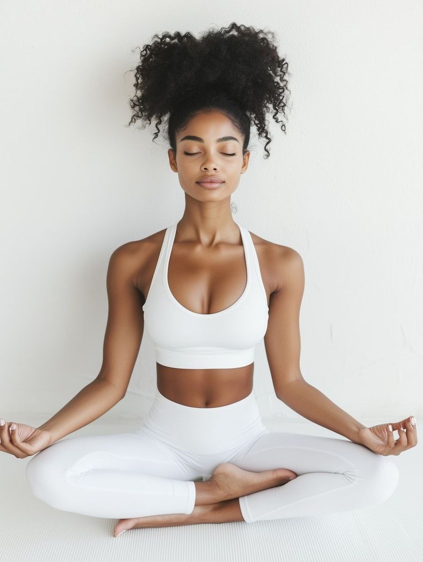 Woman in white activewear practicing a yoga pose showcasing mindfulness in prenatal and postnatal fitness.