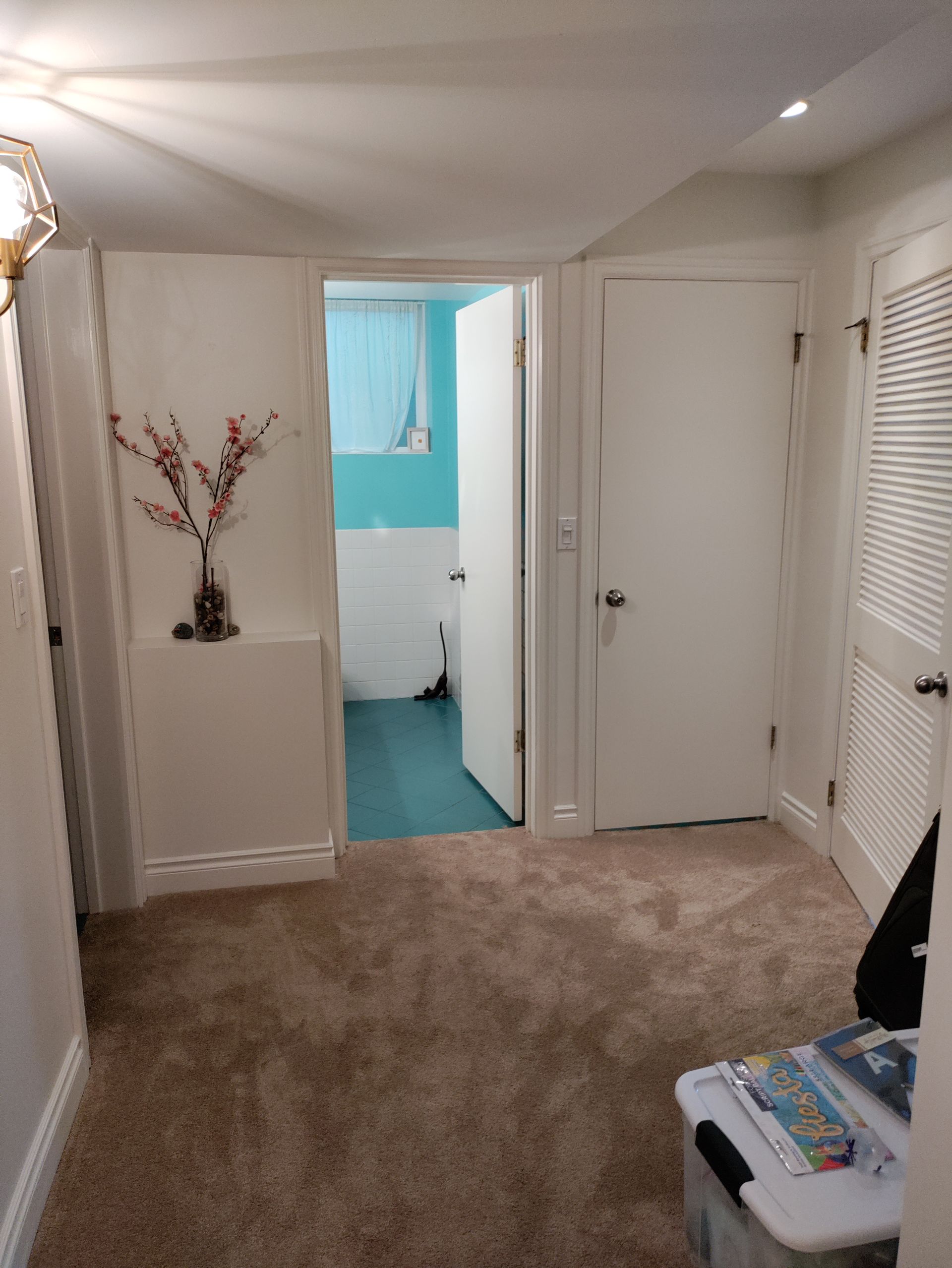 Narrow hallway with beige carpet, white doors, wall vase, and a view into a bright blue bathroom.