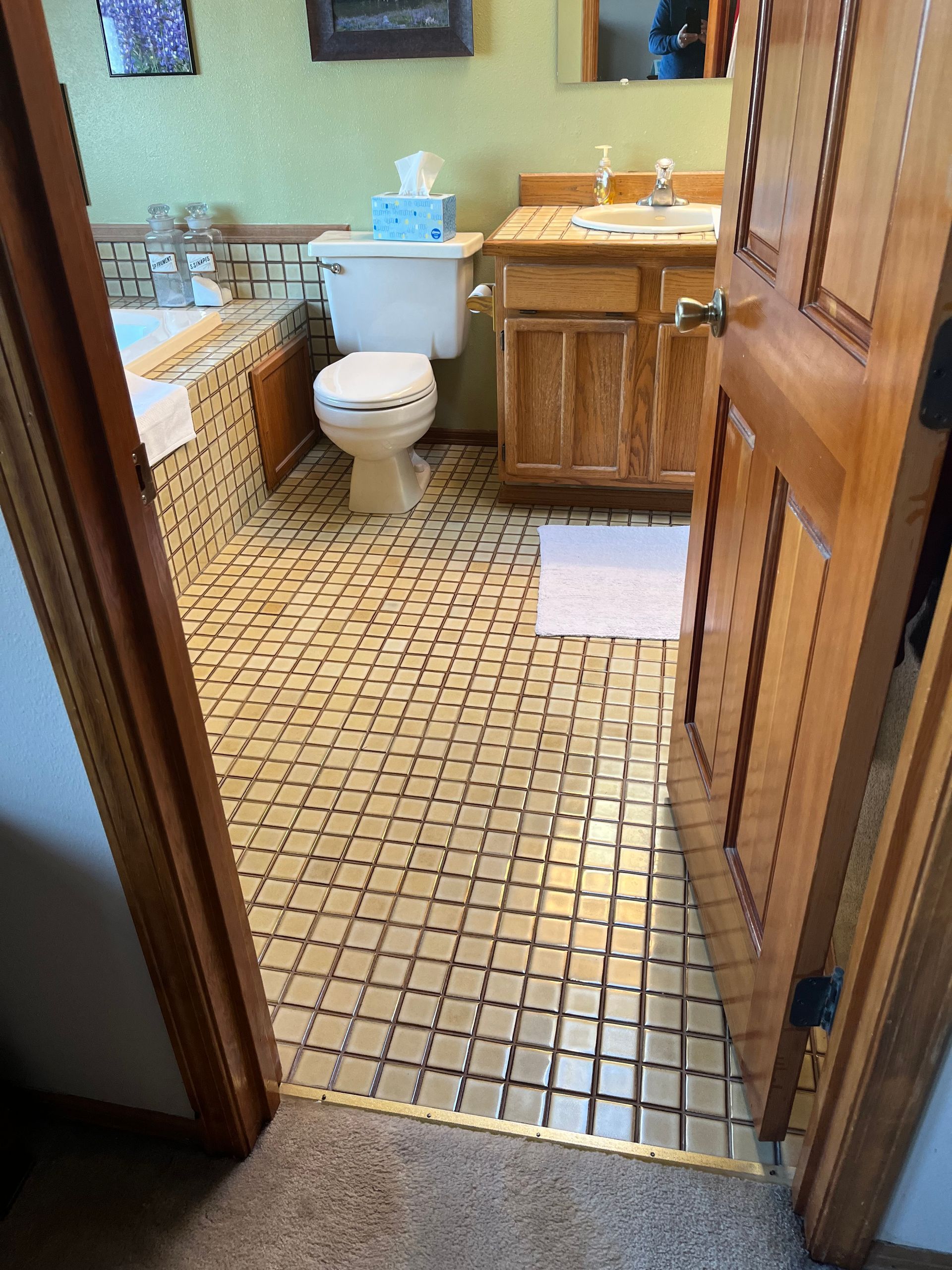 Small bathroom with a white toilet, wooden vanity, mosaic tile floor, and open door.