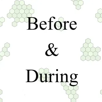 “Before & During” text on a white background with pale green hexagon clusters around it