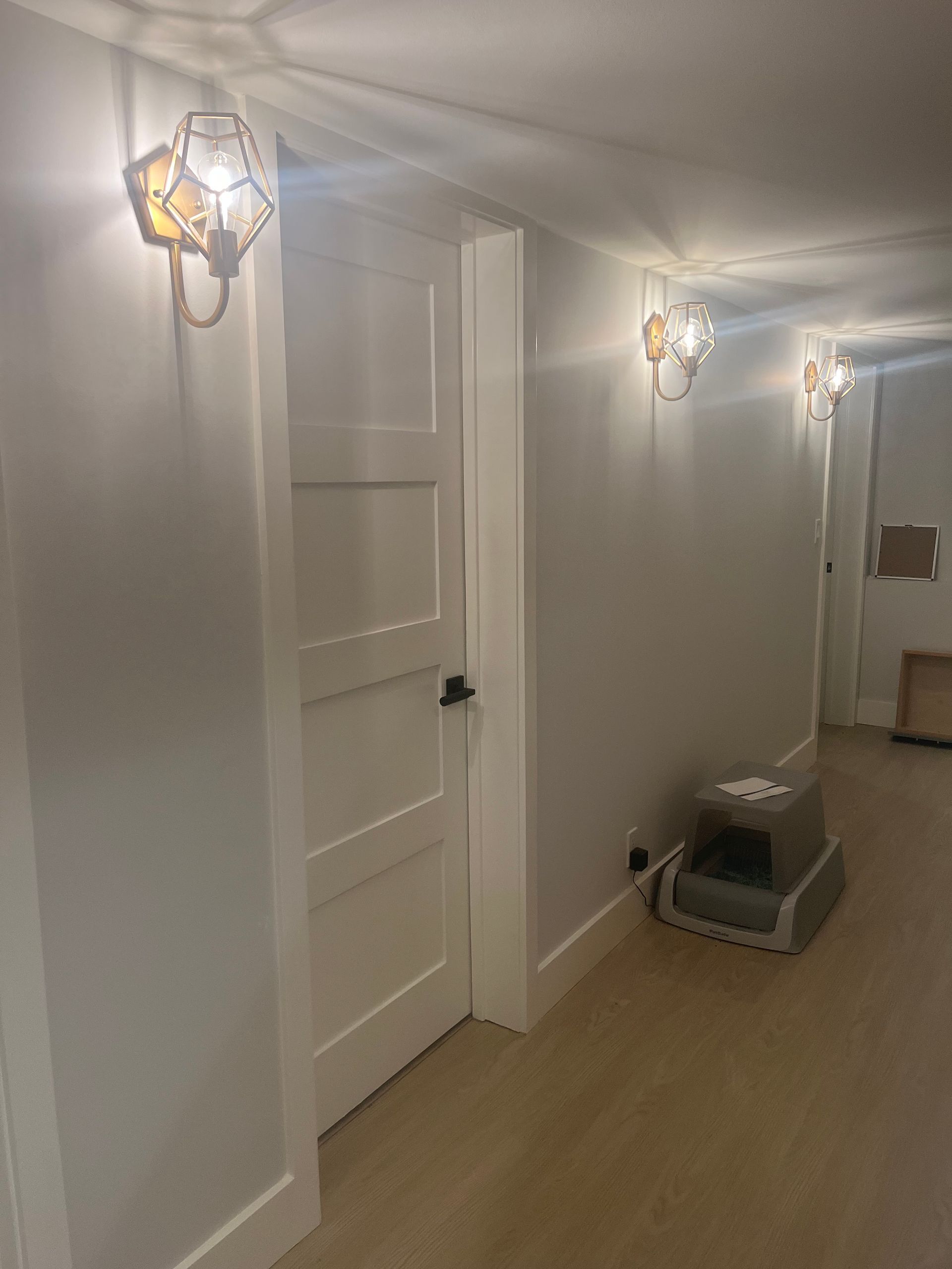 Narrow hallway with white doors, wall sconces, and light wood flooring; pet crate on the floor.