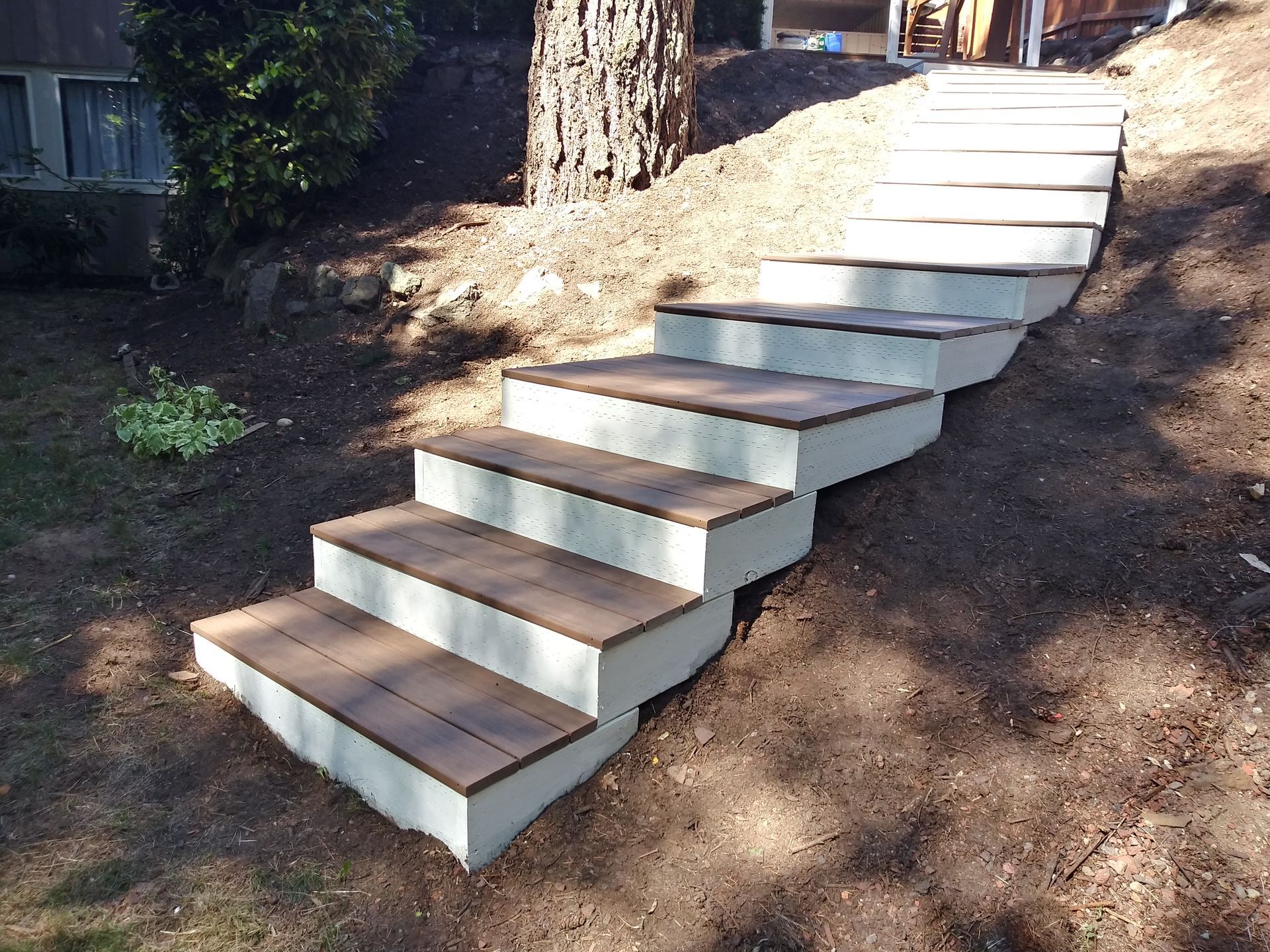 Outdoor concrete steps built into a dirt hillside beside trees and a house