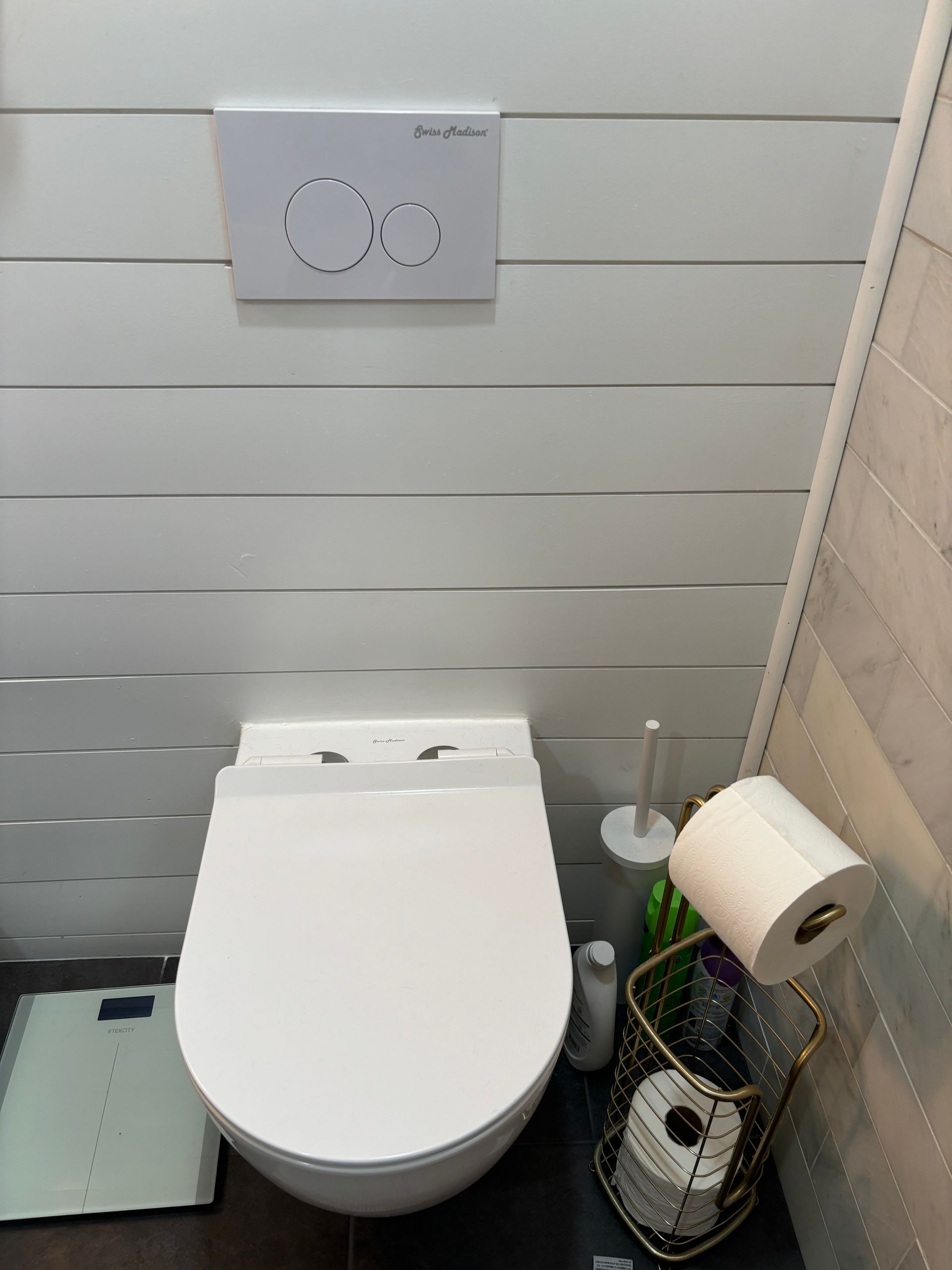 Modern toilet in a small bathroom with a wall-mounted flush panel, toilet paper roll, and trash bin