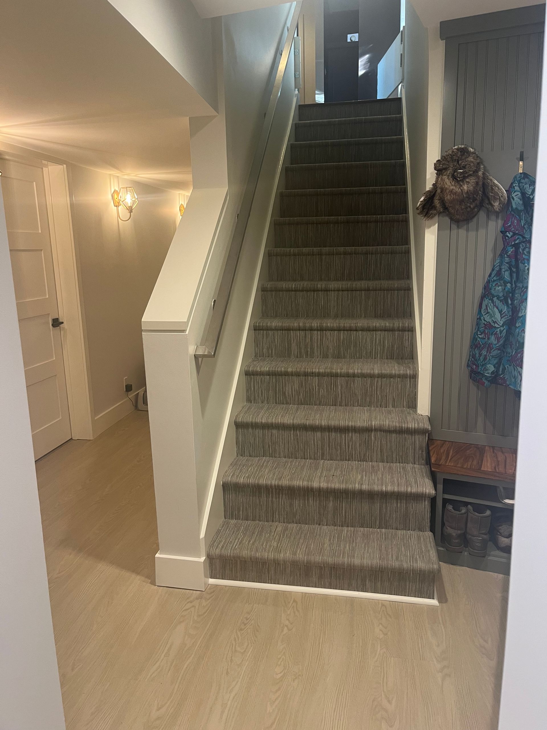 Carpeted staircase in a home hallway with a white banister and coat hooks beside it