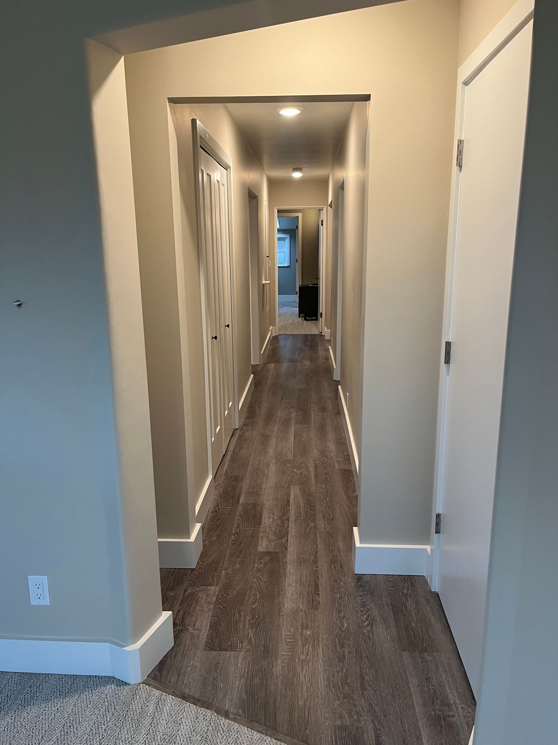 Narrow carpeted hallway with beige walls and white trim, leading to a bright room at the end.