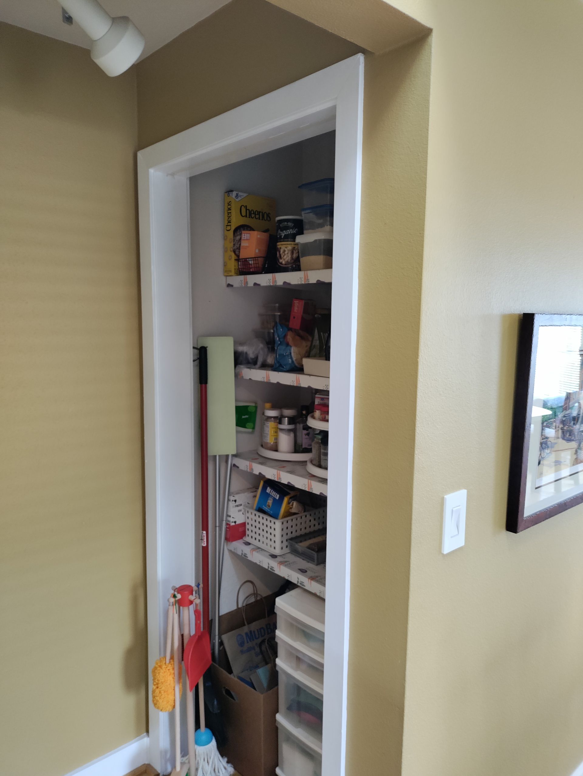 Open closet pantry with shelves of food, cleaning supplies, and a mop in a beige hallway.
