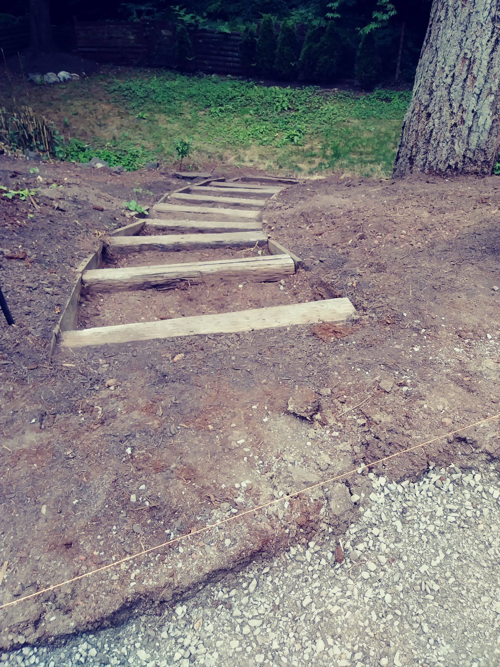 Steep wooden step path on a dirt slope in a wooded area.