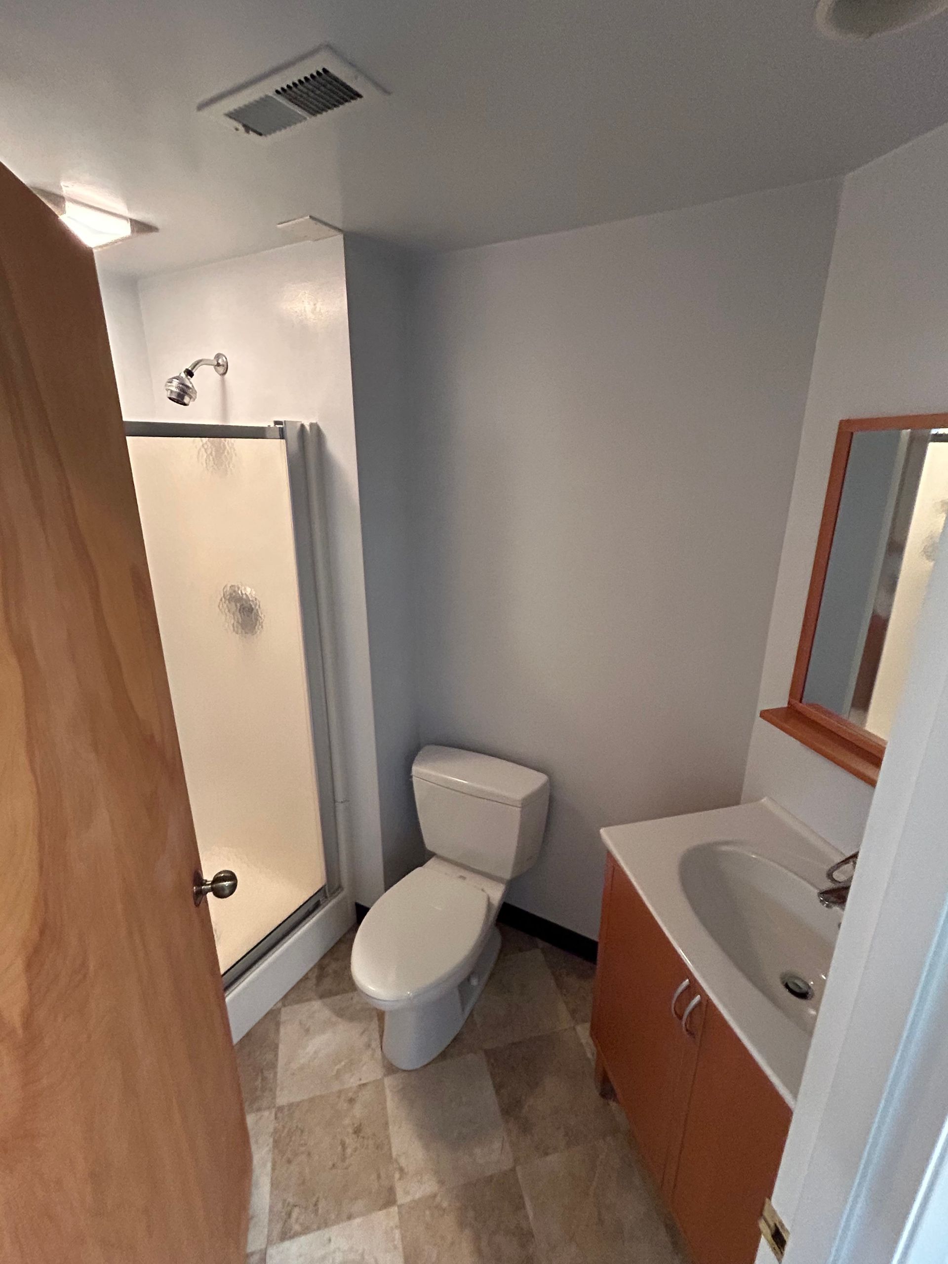 Small bathroom with a toilet, shower stall, sink vanity, and mirror in white and wood tones.