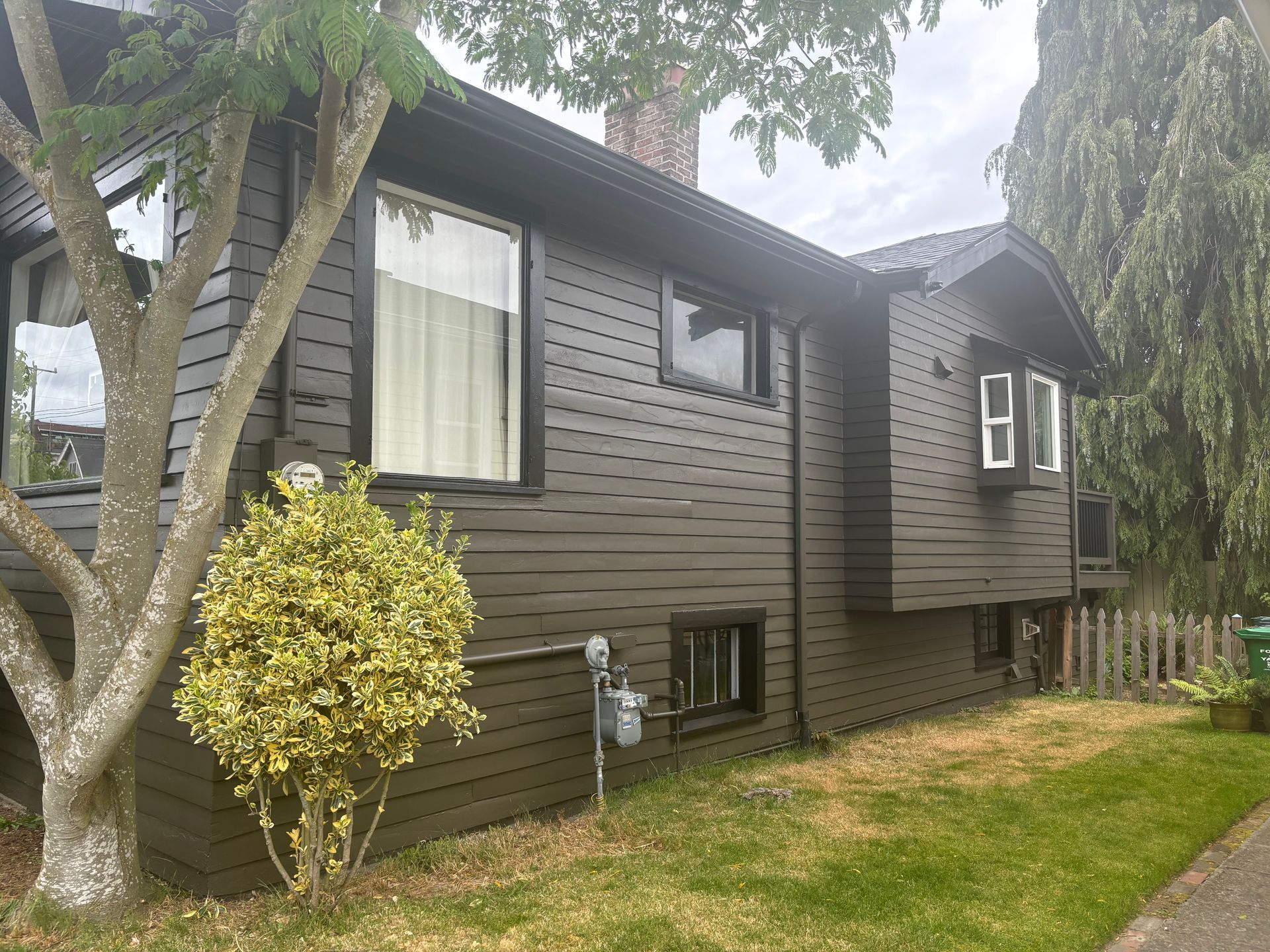 Dark brown house exterior with white-trimmed windows, a tree, and a small lawn in front